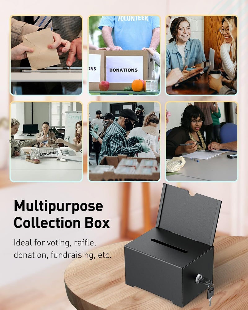Uniclife Metal Donation Box for Fundraising, Suggestion Box with Slot and Lock, Black Ballot Boxes with Sign Holder, Storage Container for Voting Charity Tip Collection, 6.4" x 4.7" x 4" - Image 2